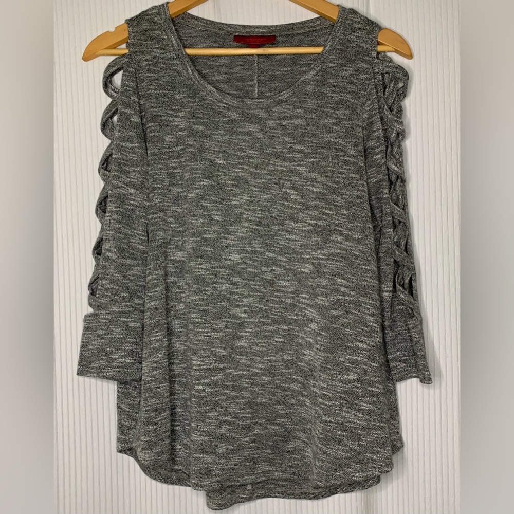 Jennifer Lopez - Heather Grey Knit Long Sleeve Top With Lattice Detail - Medium